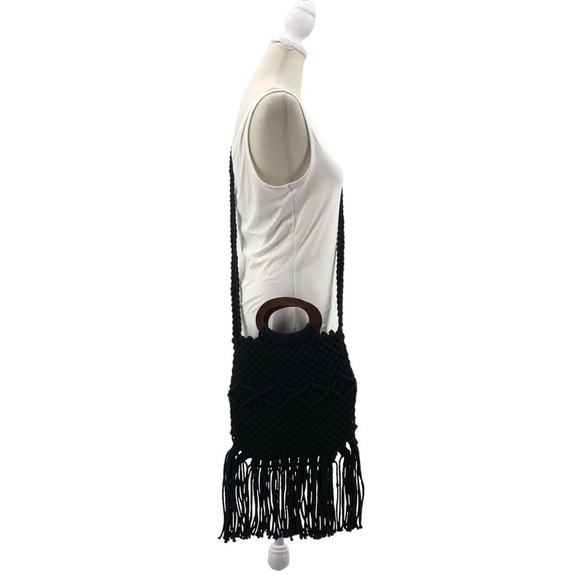 Danielle Nicole Black Fringe Macrame Crochet Boho Hippie Crossbody Satchel Bag - Picture 3 of 7